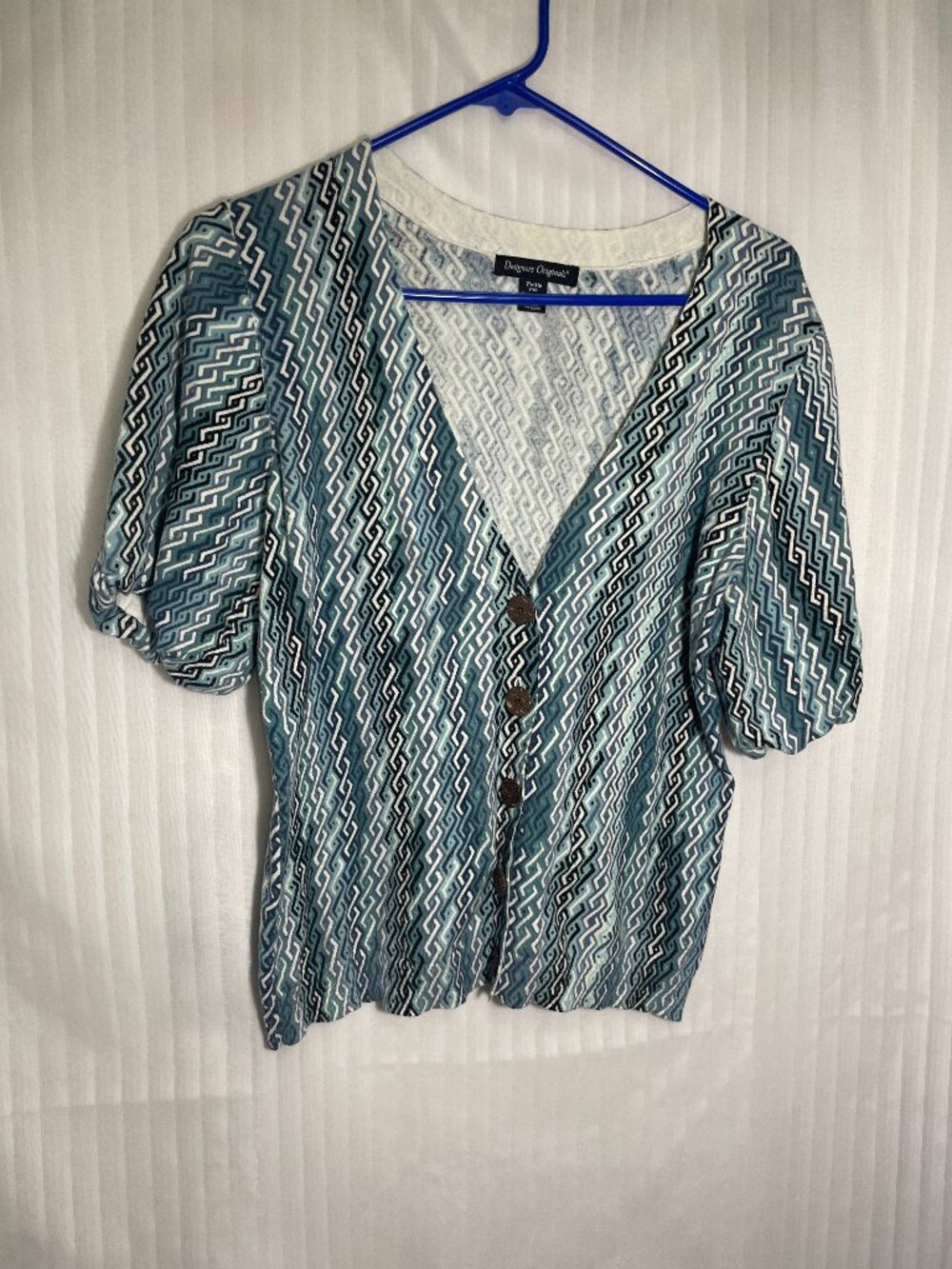 Designers Originals Petite PM Geometric Print Button Front Top Blue Cotton Blend